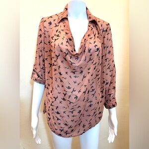 Sheer Cowl Neck Blouse in Dusty Pink/Mauve w/ Bird Print – Size Small, Fun 2 Fun